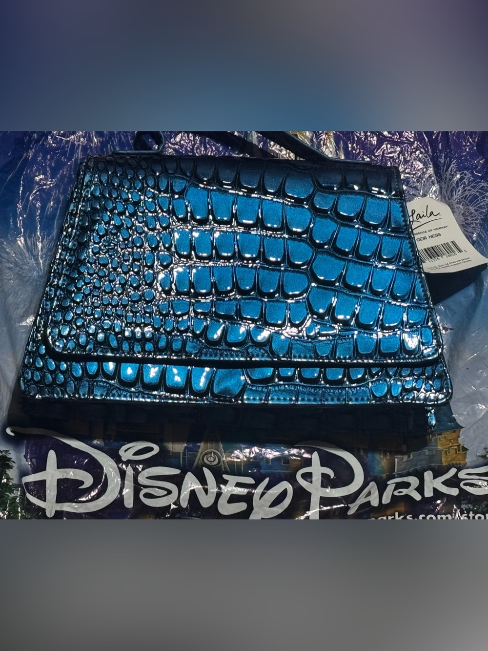 Metallic Croc-Embossed Crossbody Bag in Iridescent Blue